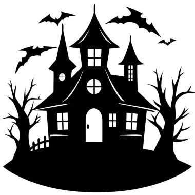 Cadılar Bayramı evi, perili ev, beyaz arka planda izole edilmiş siyah beyaz vektör çizimi..