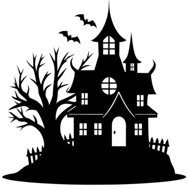Beyaz arka planda yarasalar, ağaç ve ay olan Cadılar Bayramı evi. vektör illüstrasyonu.