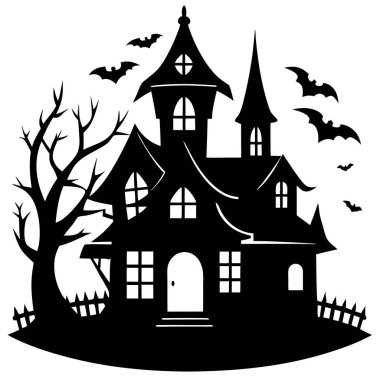 Cadılar Bayramı kale siluetinin vektör çizimi yarasalar ve balkabaklarıyla