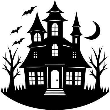 Cadılar Bayramı şatosu ay, ağaçlar ve yarasalar vektörü, perili ev vektörü