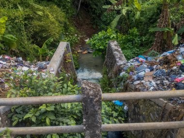 Nehir akıntısının kenarındaki çöp yığınları, toplum arasında atık imhası hakkında bilinçsizliğin bir sonucu..
