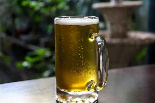 Birayla dolu bir kavanozun yakın plan görüntüsü, arka planda yemyeşil bir bahçesi olan ahşap bir masaya kurulmuş. Odak noktası kavanozun köpüklü içeriği ve detaylarının yakalanması olurken, bahçe düzenlemesi de doğal ve davetkar bir zemin sağlıyor. İllüstrasyon için ideal