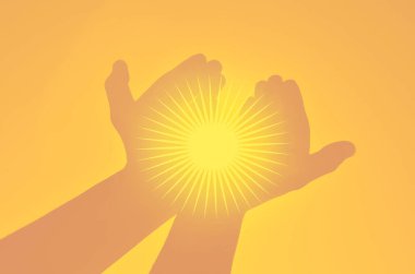 Işığı tutan eller, aydınlanma, ruhsal iyileşme ve pozitif enerji ya da onu sunan eller. Yüksek kaliteli illüstrasyon