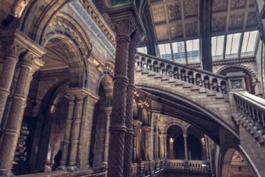 Londra, İngiltere - 1 Haziran 2024: Londra 'da muhteşem bir iç mekan. Mimar A. Waterhouse, Doğa Tarihi Müzesi 'ni hassas terracotta detaylarını tasarlayarak, doğaya hürmet amacıyla kurmuştur..