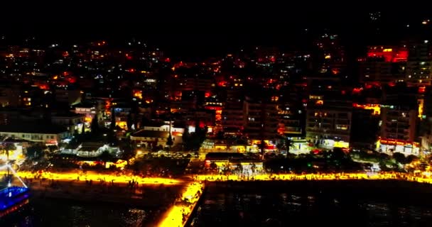 Vue Aérienne Nocturne Par Drone Ville Port Saranda Albanie — Video