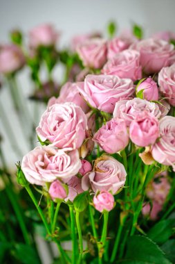 Bir vazoyu dolduran pembe güllerin çarpıcı bir görüntüsü, herhangi bir yere bir dokunuş sağlıyor..