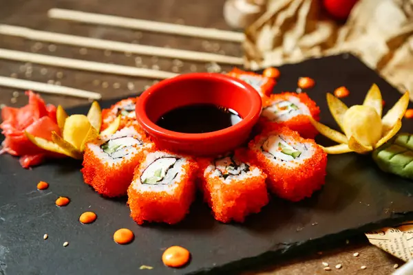 Lezzetli soslu çeşitli suşilerle dolu bir tabak..