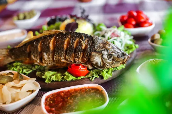 Piatto Cibo Appetitoso Con Pesce Cotto Succulento Guarnito Con Erbe — Foto Stock