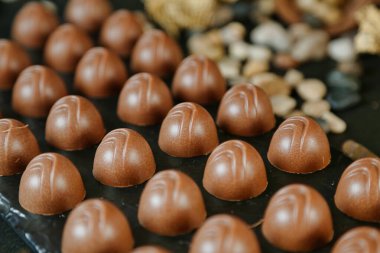 Ağzını sulandıran çikolatalarla dolu bir tepsinin detaylı görüntüsü..