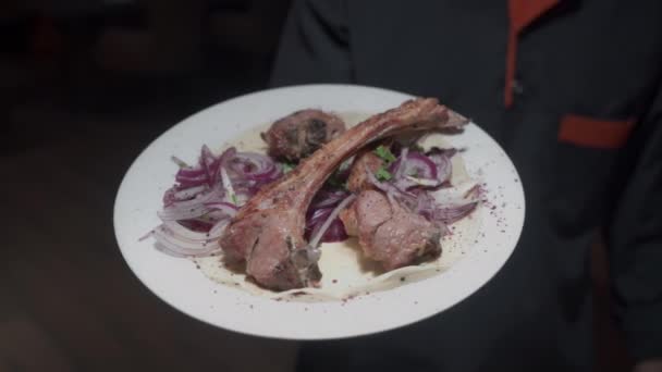 Eine Person Hält Einen Teller Mit Fleisch Und Zwiebeln — Stockvideo