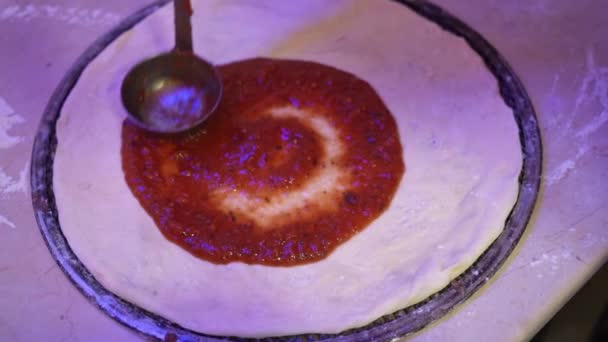 Silver Spoon Placed Top Pizza Crust Showcasing Contrast Metallic Object — Stock Video