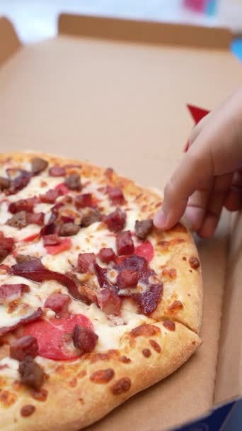 Person Reaching Pizza Box Take Slice Pizza — Stock Video