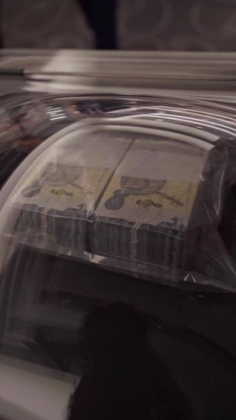 一个装有货币的透明塑料袋的详细视图 主要是纸钞 由光源照明 — 图库视频影像