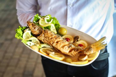 Bir adam çeşitli balık ve sebzelerle dolu bir tabak tutar..