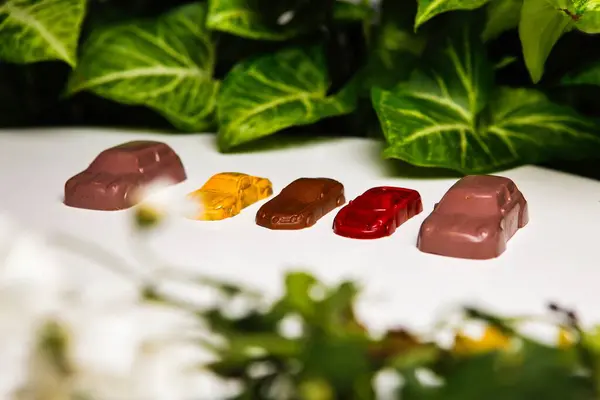 stock image Five colorful gummy candies shaped like cars are arranged in a row on a white surface.