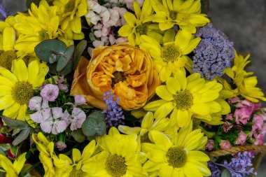 Sarı kasımpatı, tek bir turuncu gül ve çeşitli mor ve pembe çiçeklerden oluşan canlı bir buket..