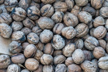 Kabuklu ceviz yığınının kabuklu, kahverengi dokusunu gösteren yakın plan bir fotoğrafı..