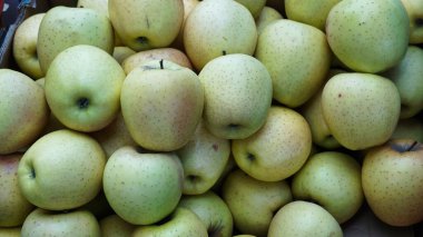 Yeşil elmalarla dolu bir sandığın yakın plan görüntüsü rastgele dizilmiş ve düzenlenmiş..