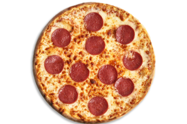 Çıtır kıtırlı Pepperoni pizzası erimiş peynir ve eşit konumda dilimlenmiş pepperoni içeriyor. Temiz, beyaz bir arka planda sunuluyor..