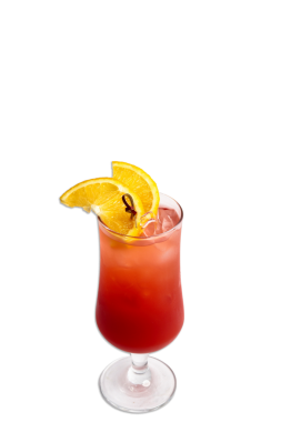 Buzla doldurulmuş ve taze portakal dilimleriyle süslenmiş renkli bir tropikal kokteyl izole edilmiş beyaz bir arkaplanda oturur..