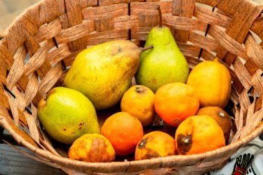 Dokuma sepetinde armutlar ve daha küçük turunçgiller de dahil olmak üzere çeşitli taze meyveler, canlı renkler ve dokular bulunur..