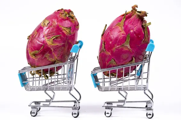 İki renkli ejder meyvesi küçük alışveriş arabalarında dinleniyor, eğlenceli bir anlaşma üzerinde duruyorlar. Parlak pembe deri, metalik arabalarla çelişiyor ve tuhaf bir ekran oluşturuyor..