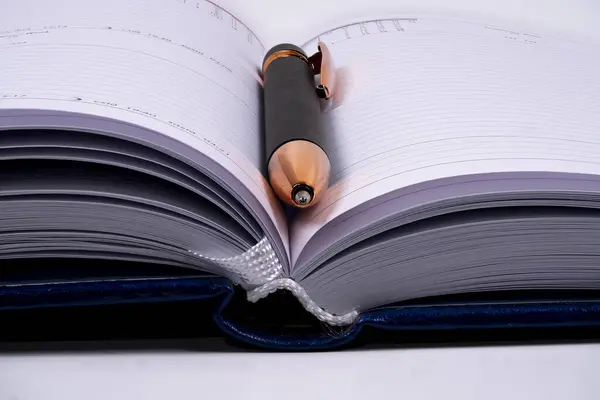 Mavi bir planlayıcı, notlar ve zaman çizelgesi için hazırlanmış boş sayfalarla yatar. Yaklaşan olaylar ve görevler için hazırlanmayı sembolize eden siyah bir kalem üstte duruyor.