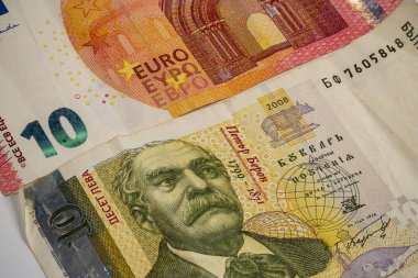 Avrupa 'dan gelen farklı banknotlar, canlı tasarımları ve çeşitli mezheplerini gösteren ahşap bir yüzeye sergileniyor. Güneş ışığı renklere sıcaklık katar..