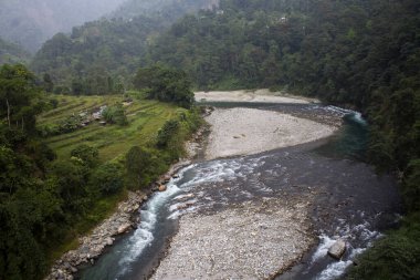 Rathong Chhu Köprüsü Sikkim 'in güzelliği. Hindistan 'da ziyaret etmek için en iyi yerlerden biri. Mavi su manzaralı güzelliği arttırır..