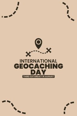 Uluslararası Geocaching Günü, 17 Ağustos, sosyal medya paylaşımı, kart selamlaması, afiş, şablon tasarımı, yazdırma, olay, web sitesi, vektör ilüstrasyonu için uygun, pin haritası illüstrasyonlu.