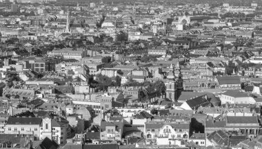 Güneşli bir bahar gününde Budapeşte şehrine yakın binaları siyah beyaz