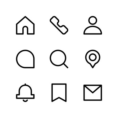 UI temel simgesi. Kullanıcı simgeleri. Ev, Arama, Kullanıcı, Sohbet, Arama, Konum, Çan, Yer imi ve E- posta simgeleri.