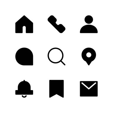 UI temel simgesi. Kullanıcı simgeleri. Ev, Arama, Kullanıcı, Sohbet, Arama, Konum, Çan, Yer imi ve E- posta simgeleri.