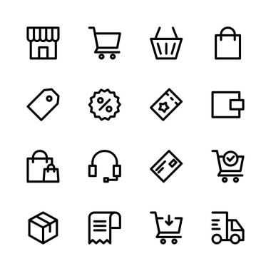 Alışveriş ikonu seti. İnternetten alışveriş ikonu. Alışveriş arabası, sepet, çanta, indirim ve kupon ikonları. Simge ayarlandı.