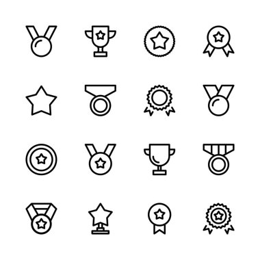 Ödül ikonları. Kazanan simge seti. Ödül simgeleri. Madalya, kupa, yıldız ve rozet simgesi.