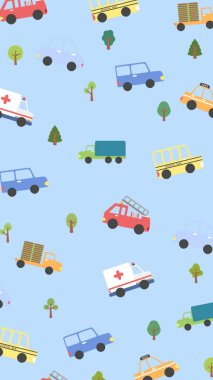 Çizgi film arabalarının ve tıbbi sembollerin kusursuz deseni. Tıbbi geçmişi var. Ambulans. vektör illüstrasyonu.