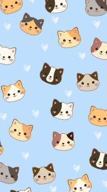 Çizgi film kedileriyle kusursuz desen, vektör illüstrasyonu