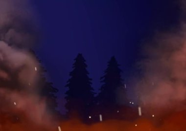 Karanlık orman ve duman. Gece ormanı ve sis animasyonu.