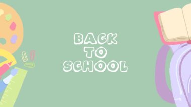 Okulun arka planında okul malzemeleri animasyonu var..