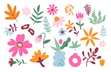 Yapraklı çiçek koleksiyonu, çiçek buketleri. Vektör çiçekler. Botanik elementli bahar sanat baskısı. Bahar tatili için posterler. Beyaz arkaplanda izole edilmiş simgeler.