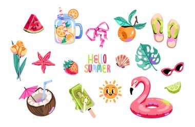 Vektör yaz çıkartmaları, flamingolar, portakallar, limonata, güneş gözlükleri, plaj, deniz kabuğu, dondurma, tatil, hindistan cevizi, karpuz. Moda düz biçimi.