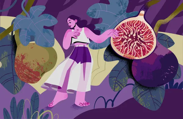 stock vector A girl in a skirt walks and dances in a garden of fig trees. Flat vector illustration of a girl and fruits. Ripe figs, leaves and trees.