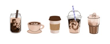 Sıcak ve soğuk kahve seti. Espresso, americano bardağı, kapuçino ve kağıt bardakta latte, buzlu macchiato. Düz vektör çizimleri beyaz arkaplanda izole edildi.