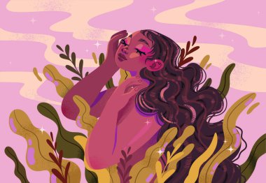 Yaprakların arkasında duran mutlu zenci kadın portresi. Zihinsel dengeyi, kendini sevmeyi, mutluluğu ve kadınsı gücü tasvir eden bir çizim..