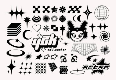 Tasarım için retro fütüristik Y2k elementleri. Basit şekillerin, sembollerin ve karakterlerin moda koleksiyonu. Düzenlemesi kolay..