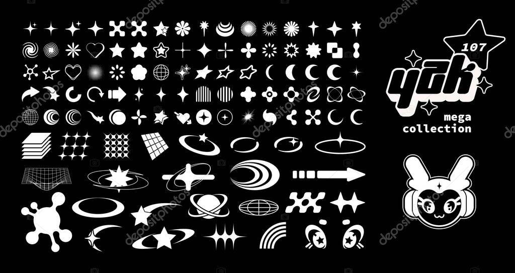 Retro futuristic Y2k elements for design. Mega collection of abstract graphic geometric shapes, symbols and objects. Perfect for posters, business cards, notes, banners, stickers, logo.
