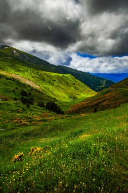 Col de Pailheres resimleri. Bu dağ Fransız Pireneleri 'ndeki Arige bölümünde yer alıyor. Bu geçit, Pireneler dağlarındaki Mijans kasabasının 2,001 metre yukarısında son buluyor..