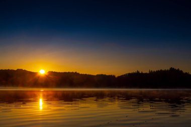 Fransa 'nın güneyindeki La Ravire Gölü üzerindeki gündoğumu manzarası. Güneş ışığı gölden yükselen sisle birlikte sakin suları yansıtıyor. Suya yansıyan ağaç.