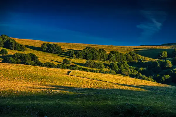Çürük tarlalar ve Aubrac.Ovanın ufku. Fransız Occitan 'ının ortasındaki dağlarda ve tepelerde..
