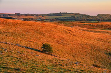Aubrac dağlarında akşam manzarası. Fransa 'nın merkezinde taş ve kaya duvarları olan güzel bir bahar akşamı..